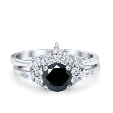 Two Piece Wedding Ring Round Simulated Black CZ 925 Sterling Silver